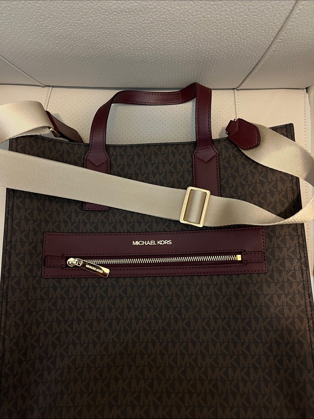 Michael Kors Brown and Burgundy Logo Messenger Tote with Adjustable Strap - Picture 6 of 6